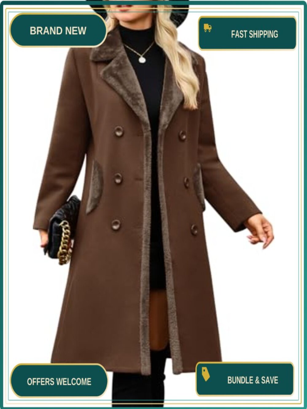 UMIPUBO Women's Winter Pea Coat Double Breasted Faux Fur Collar